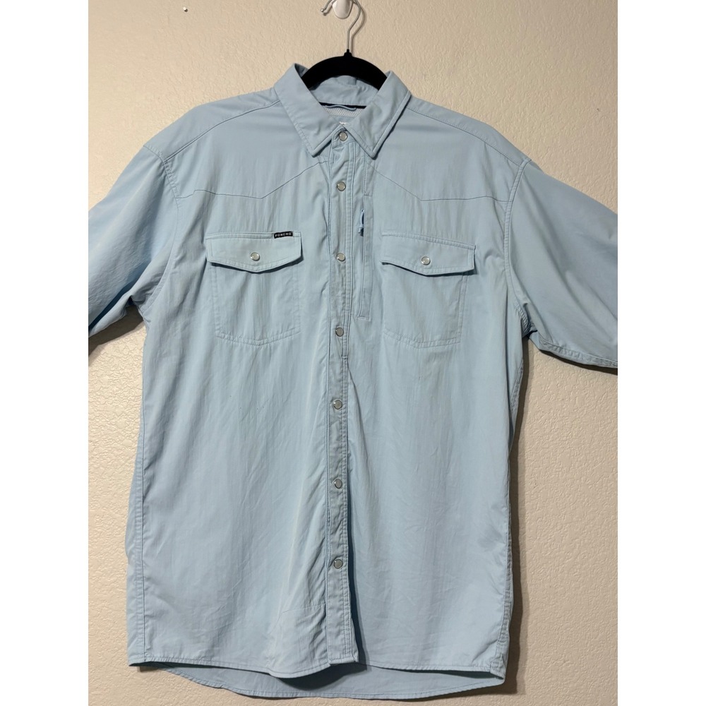 Poncho Pedernales Performance Fishing Shirt Blue Pearl Snap Short Sleeve Mens L